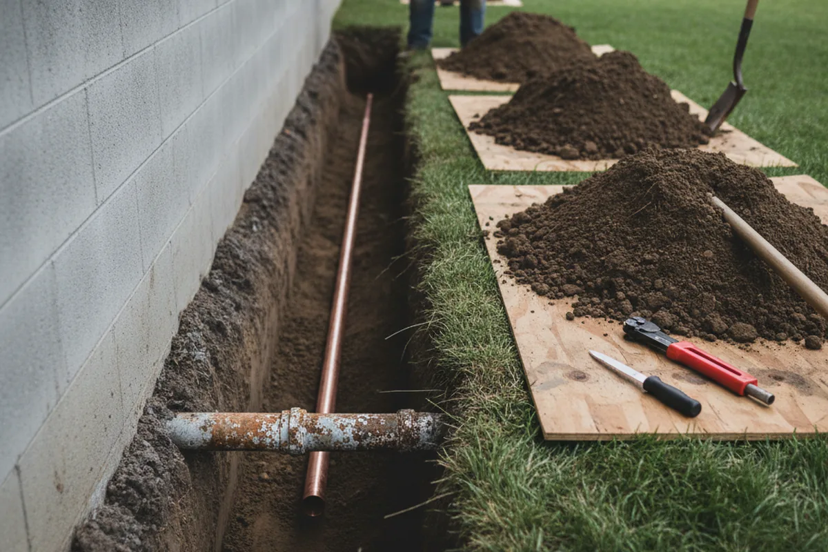 Excavated water line trench during Water Heater Repair in Joaquin